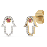 <span style="color:purple">SPECIAL!</span>.24ct G SI 14K Yellow Gold Diamond & Ruby Gemstones Hamsa Earrings
