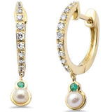 .19ct G SI 14K Yellow Gold Diamond Emerald Gemstone & Pearl Dangling Hoop Earrings