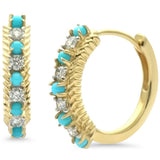 <span style="color:purple">SPECIAL!</span> .36ct G SI 14K Yellow Gold Diamond & Turquoise Gemstones Hoop Earrings