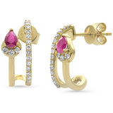 .62ct G SI 14K Yellow Gold Diamond & Ruby Gemstones Double Shank J Hoop Earrings