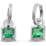 3.04ct G SI 14K White Gold Diamond & Natural Emerald Gemstone Hoop Dangling Earrings