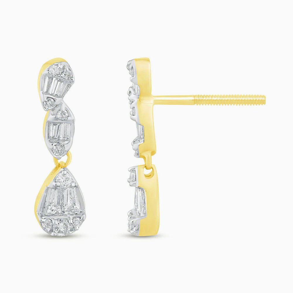 .38ct G SI 14K Yellow Gold Round & Baguette Diamond Dangle Earrings