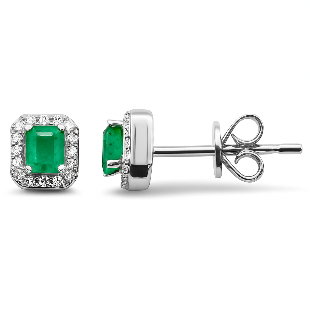 .51ct G SI 14K White Gold Diamond & Emerald Gemstone Stud Earrings