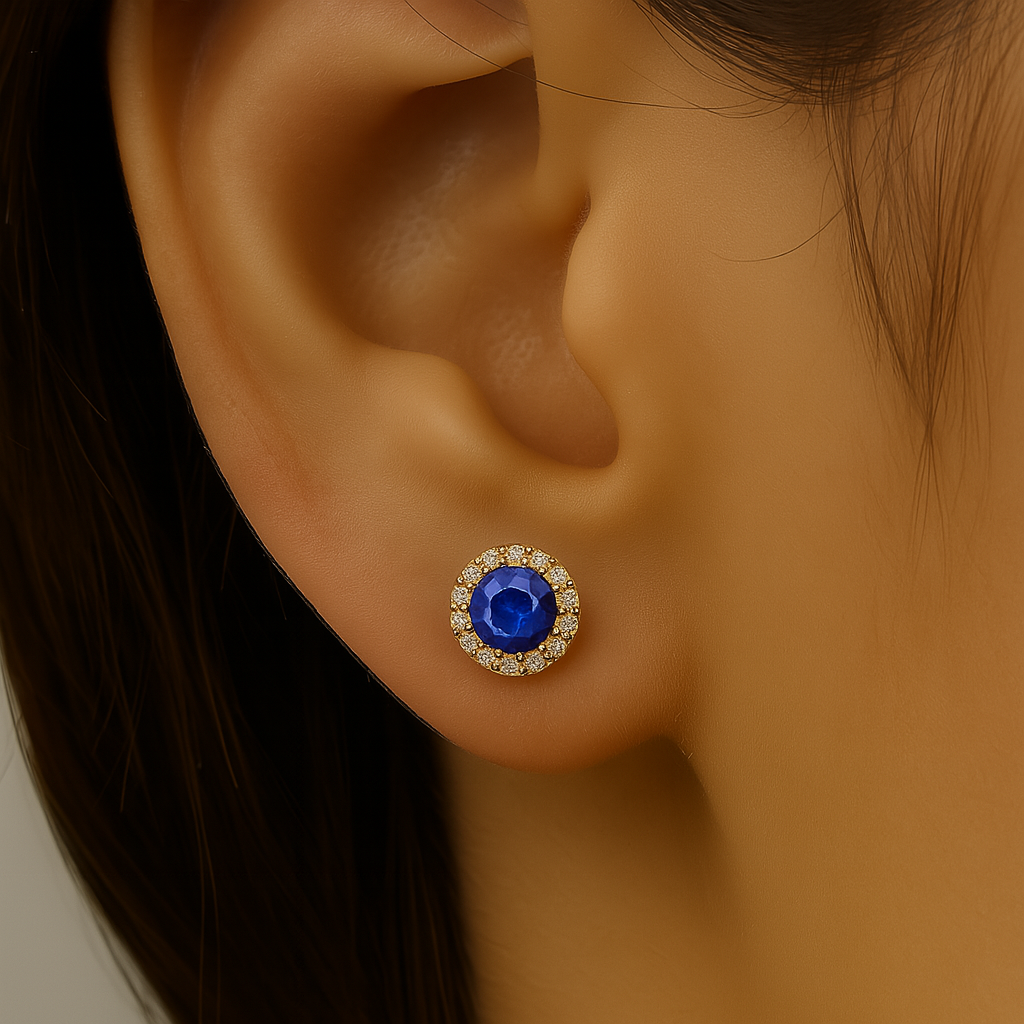 .87ct G SI 14K Yellow Gold Diamond & Blue Sapphire Gemstone Stud Earrings