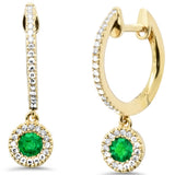 .38ct G SI 14K Yellow Gold Diamond & Emerald Gemstones Dangling Hoop Earrings
