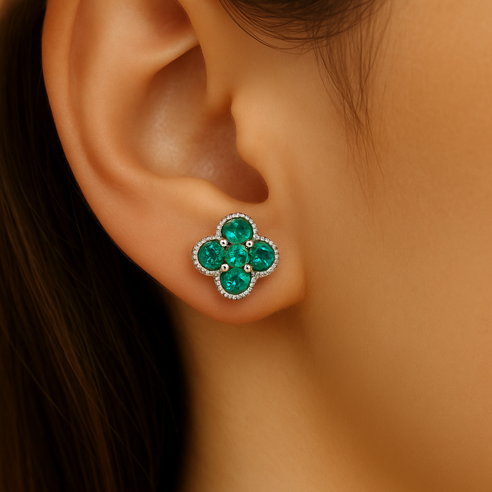 .35ct G SI 14K White Gold Emerald Gemstone Clover Earrings