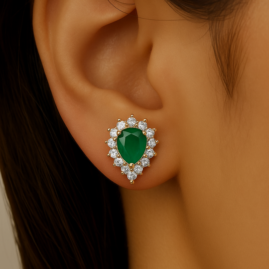 1.64ct G SI 14K Yellow Gold Diamond & Pear Shape Emerald Gemstone Earrings