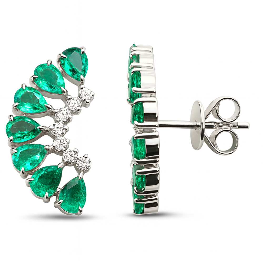 2.10ct G SI 14K White Gold Diamond & Pear Shape Emerald Gemstone Ear Crawler Earrings