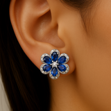 2.75ct G SI 14K White Gold Diamond & Blue Sapphire Gemstone Flower Earrings