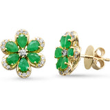 1.96ct G SI 14K Yellow Gold Diamond & Emerald Gemstone Flower Earrings