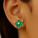 1.96ct G SI 14K Yellow Gold Diamond & Emerald Gemstone Flower Earrings
