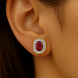 .94ct G SI 14K Yellow Gold Baguette Diamond & Ruby Gemstone Stud Earrings