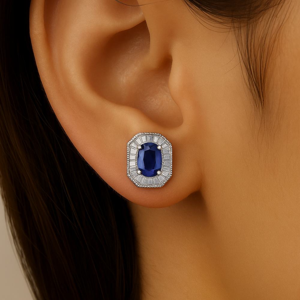 .89ct G SI 14K White Gold Baguette Diamond & Blue Sapphire Gemstone Earrings