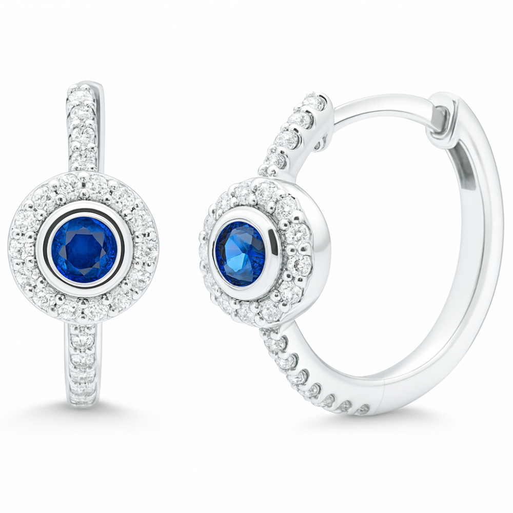 .52ct G SI 14K White Gold Diamond & Blue Sapphire Gemstone Halo Hoop Earrings