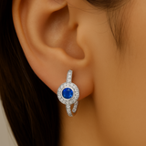 .52ct G SI 14K White Gold Diamond & Blue Sapphire Gemstone Halo Hoop Earrings