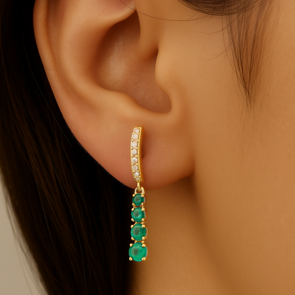 .46ct G SI 14K Yellow Gold Diamond & Emerald Gemstone Hoop Drop Earrings