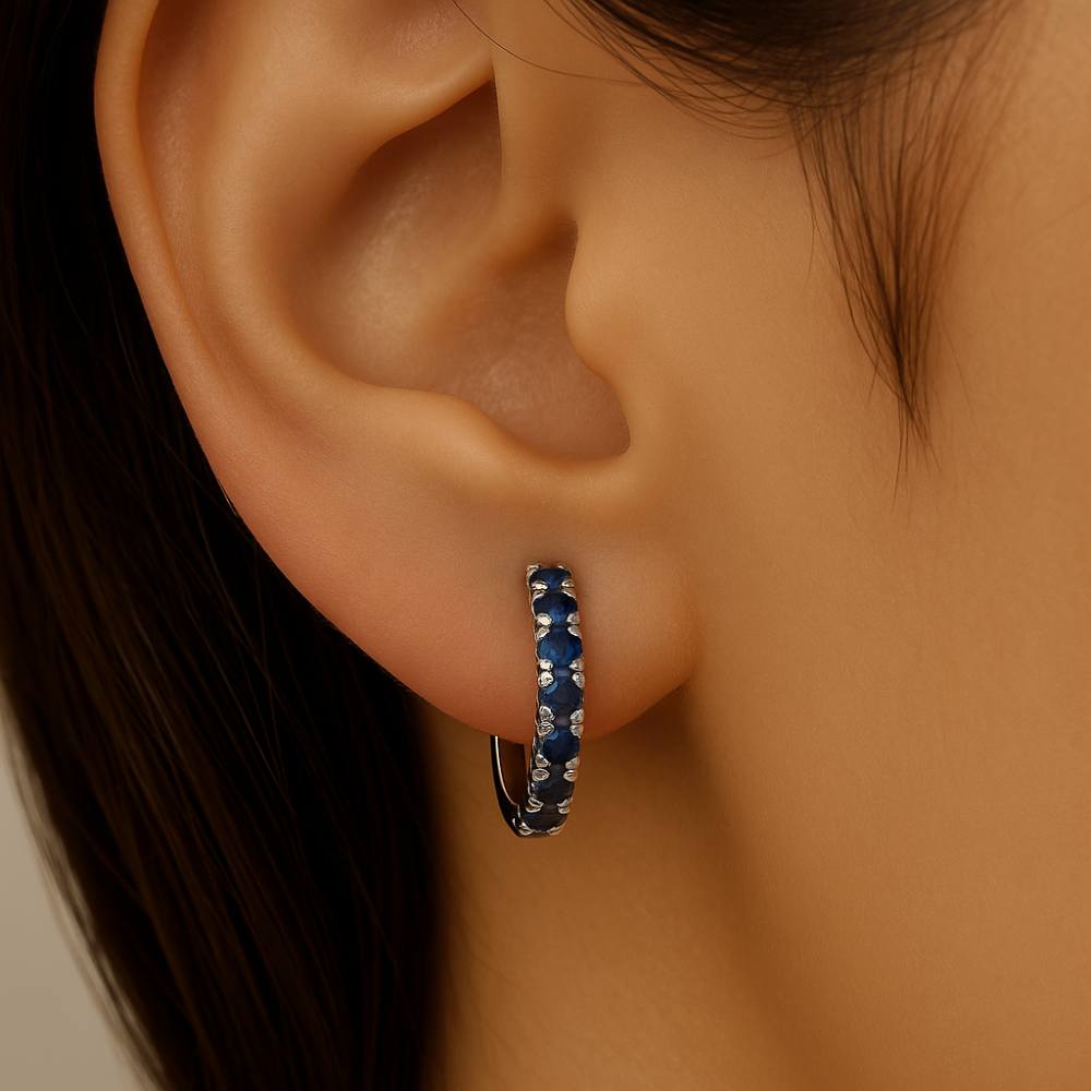 .92ct G SI 14K White Gold Blue Sapphire Gemstone Hoop Earrings
