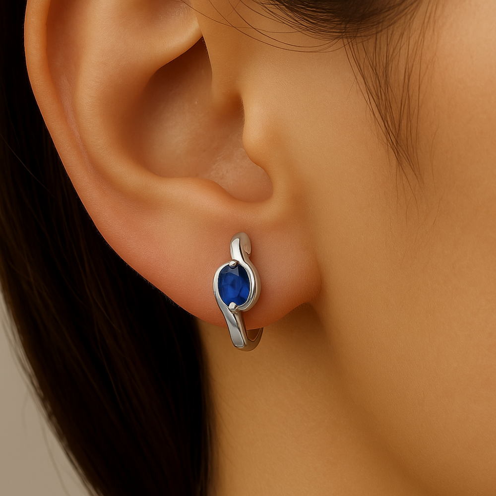.65ct G SI 14KT White Gold Oval Blue Sapphire Gemstone Hoop Earrings