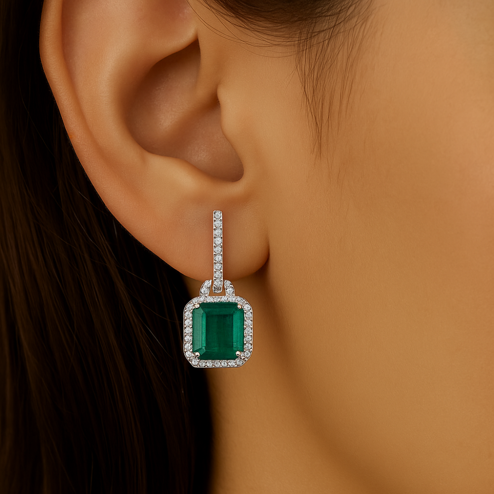4.89ct G SI 14K White Gold Diamond & Emerald Gemstone Drop Earrings