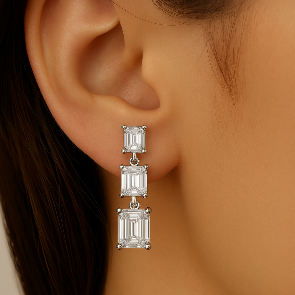 2.10ct G SI 14K White Gold Emerald Cut Diamond Dangle Earrings