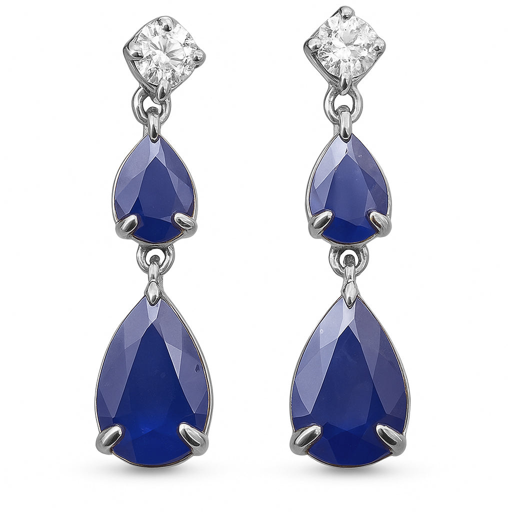 1.39ct G SI 14K White Gold Diamond & Pear Shape Blue Sapphire Gemstone Tear Drop Earrings