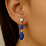 1.42ct G SI 14K Yellow Gold Diamond & Pear Shape Blue Sapphire Gemstone Drop Earrings