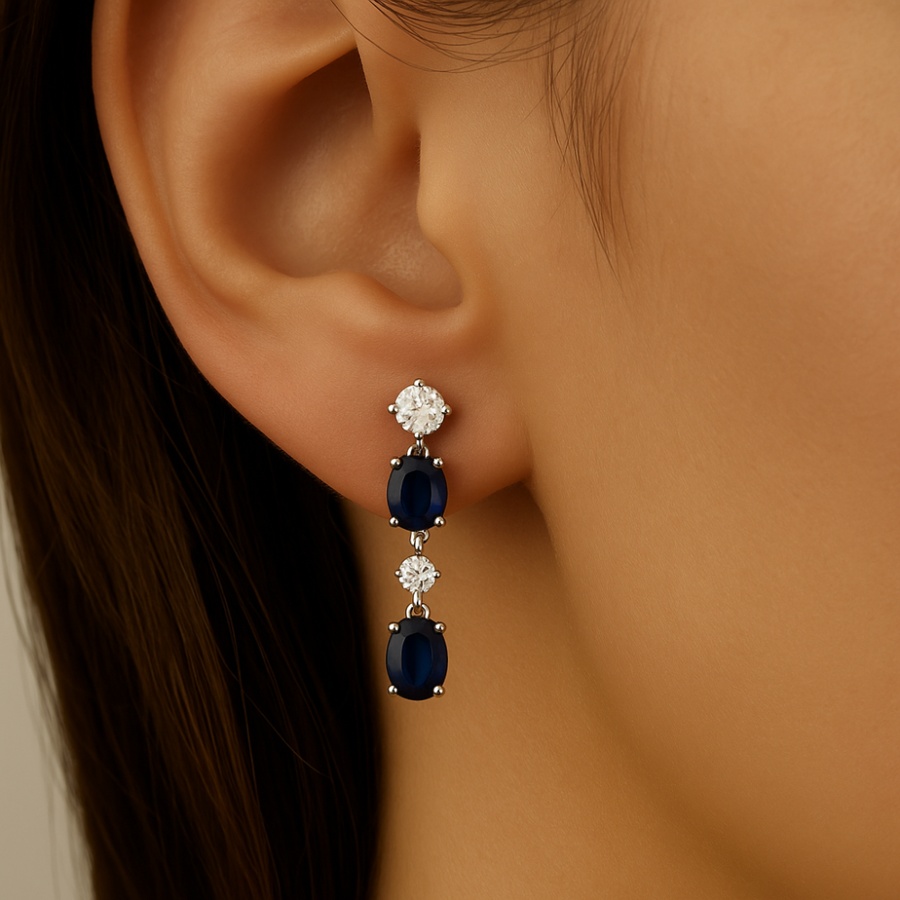 1.22ct G SI 14K White Gold Diamond & Blue Sapphire Gemstone Drop Earrings