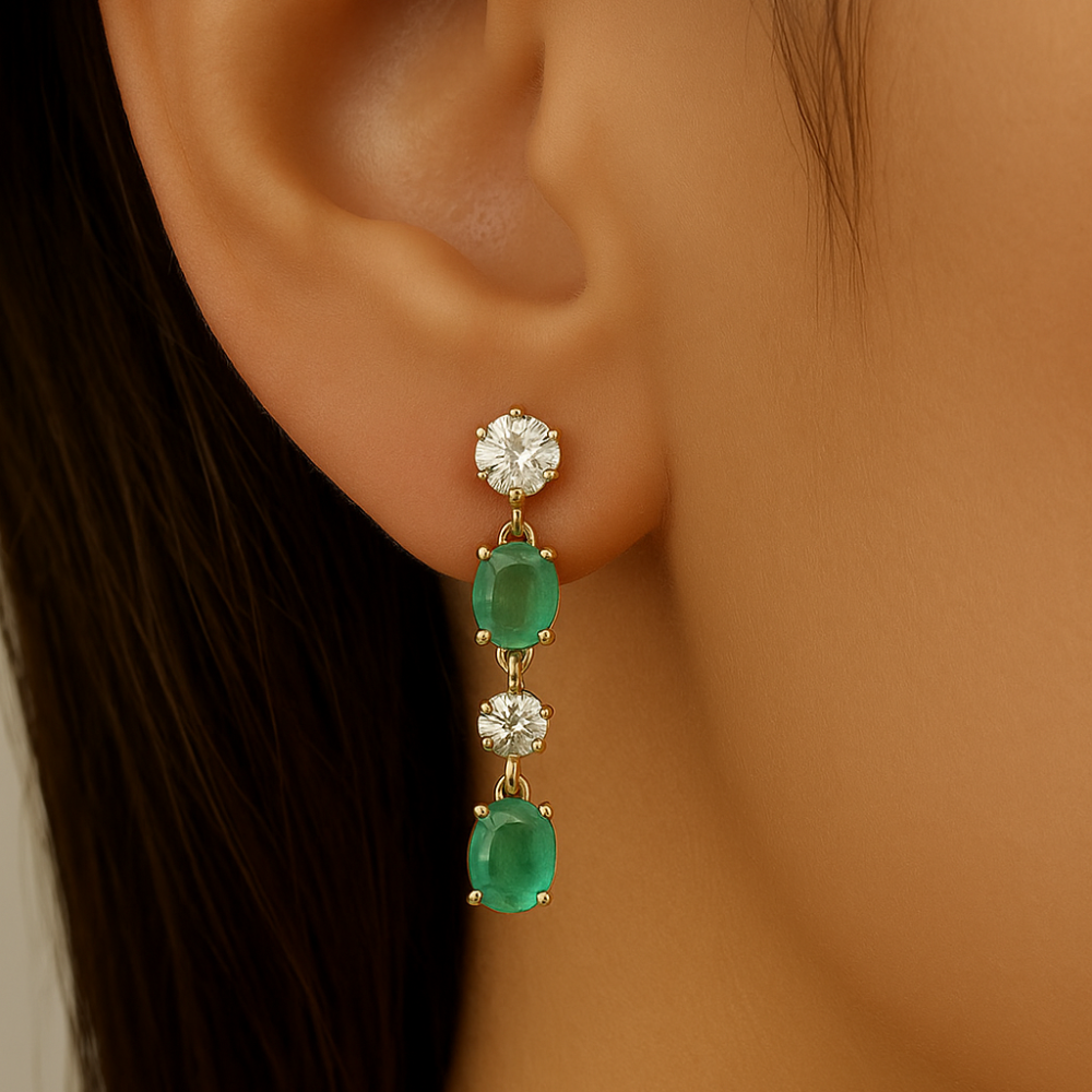.91ct G SI 14K Yellow Gold Diamond & Emerald Gemstone Drop Earrings