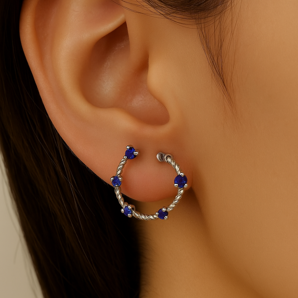 .21ct G SI 14K White Gold Blue Sapphire Gemstone Open Hoop Earrings