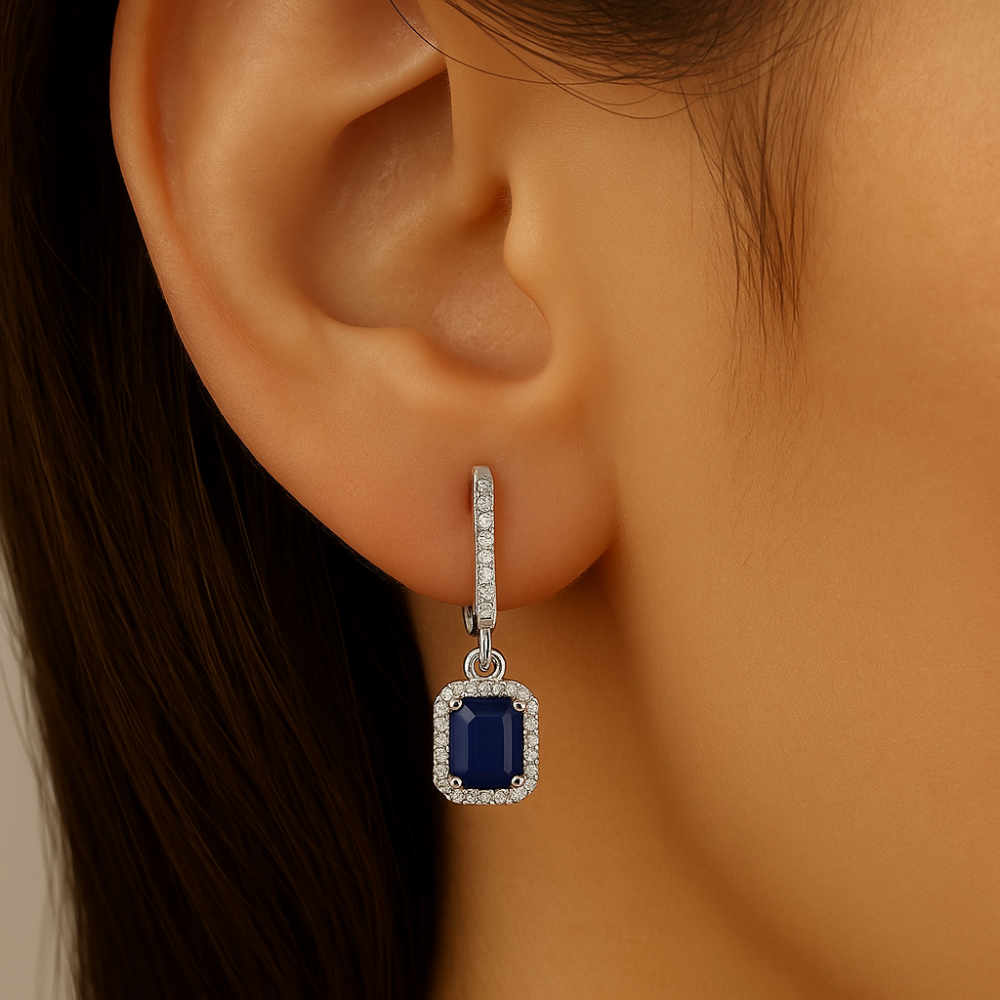 1.21ct G SI 14K White Gold Diamond & Blue Sapphire Gemstone Drop Dangle Earrings