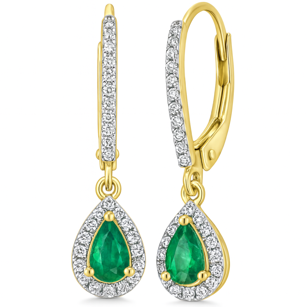 <span style="color:purple">¡ESPECIAL!</span> Aretes colgantes de oro amarillo de 14K con diamante y esmeralda de 0.60 ct G SI
