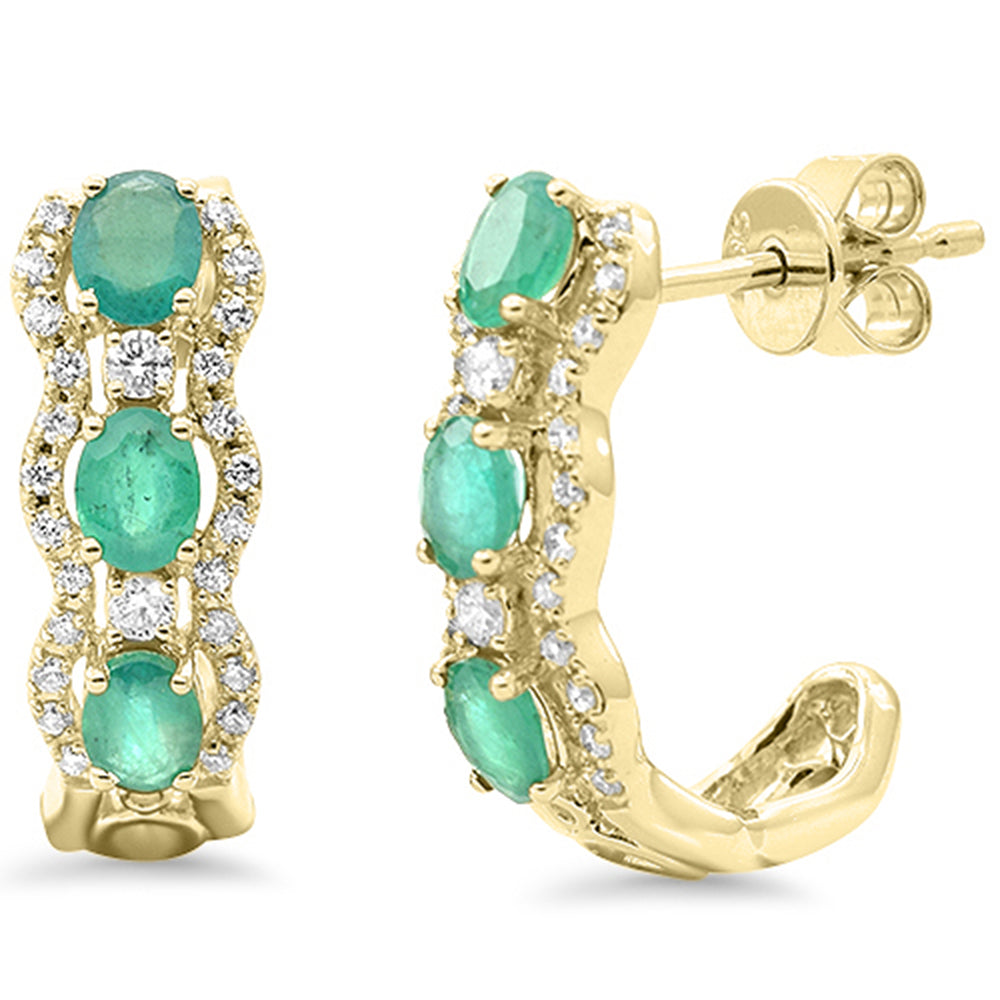 1.28ct G SI 14K Yellow Gold Diamond & Emerald Gemstone J Hoop Earrings