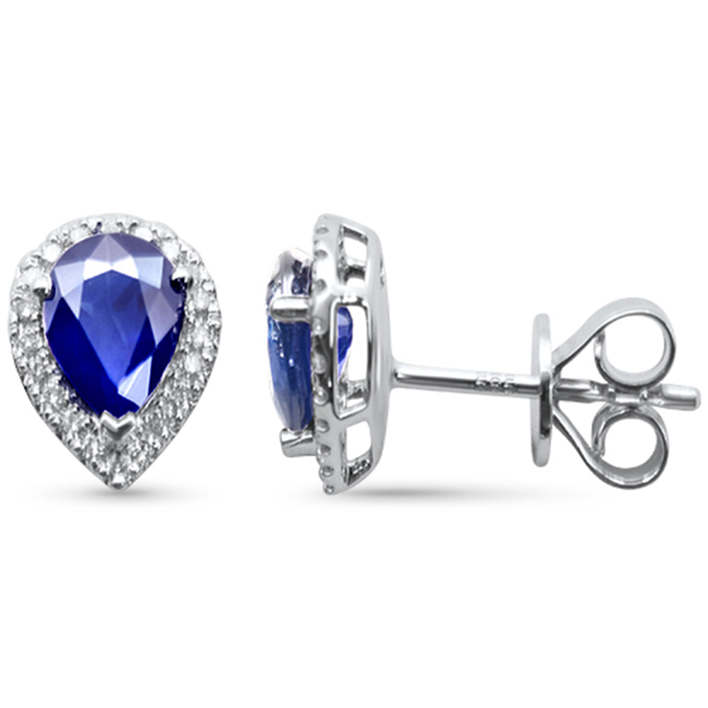 2.05ct G SI 14K White Gold Diamond & Blue Sapphire Gemstone Pear Tear Drop Earrings