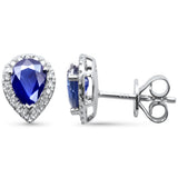 2.05ct G SI 14K White Gold Diamond & Blue Sapphire Gemstone Pear Tear Drop Earrings