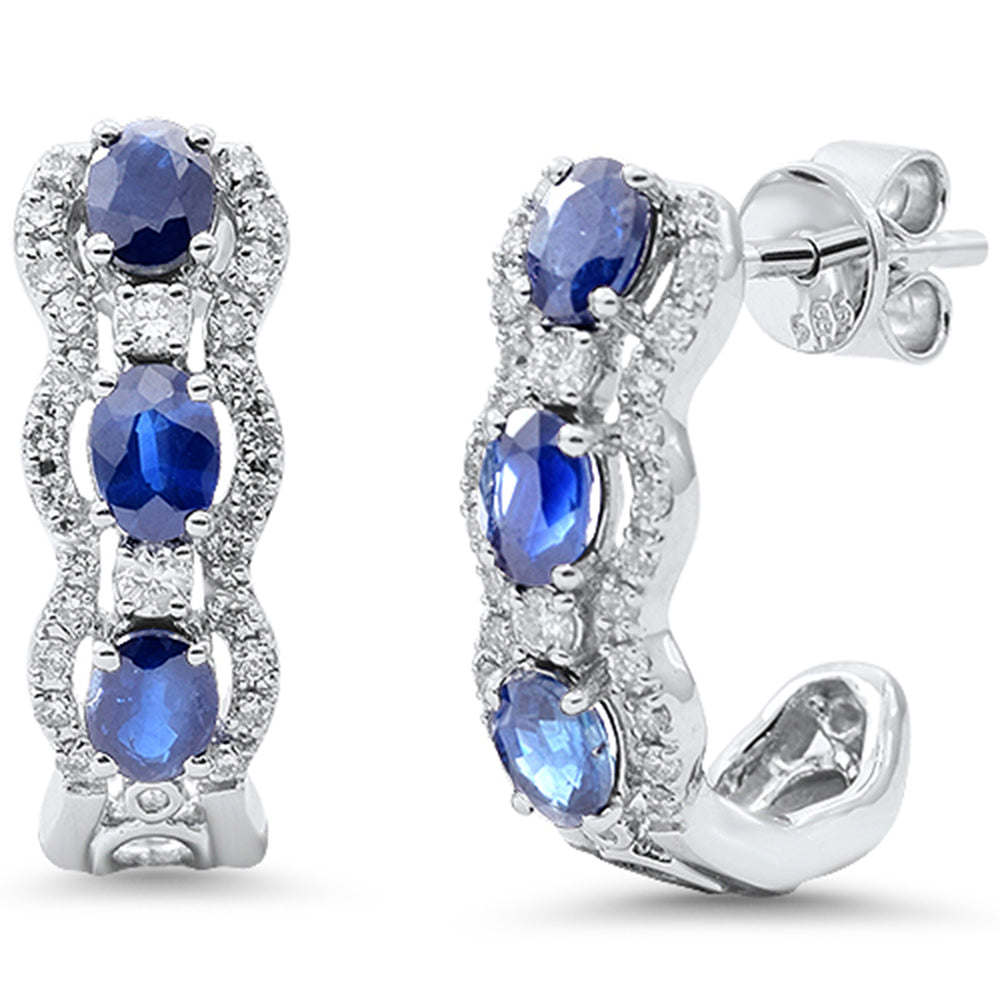 1.74ct G SI 14K White Gold Diamond & Blue Sapphire Gemstone J Hoop Earrings