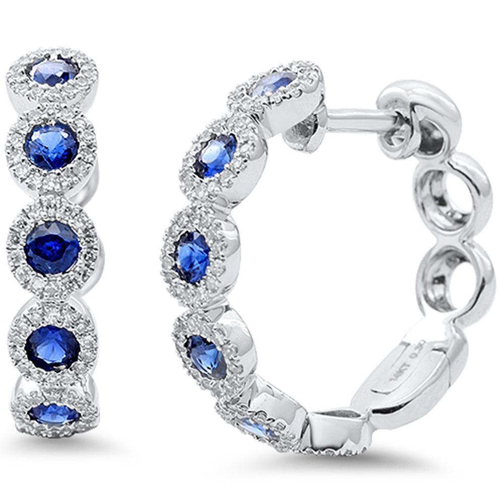 1.15ct G SI 14K White Gold Diamond & Blue Sapphire Gemstone Hoop Earrings