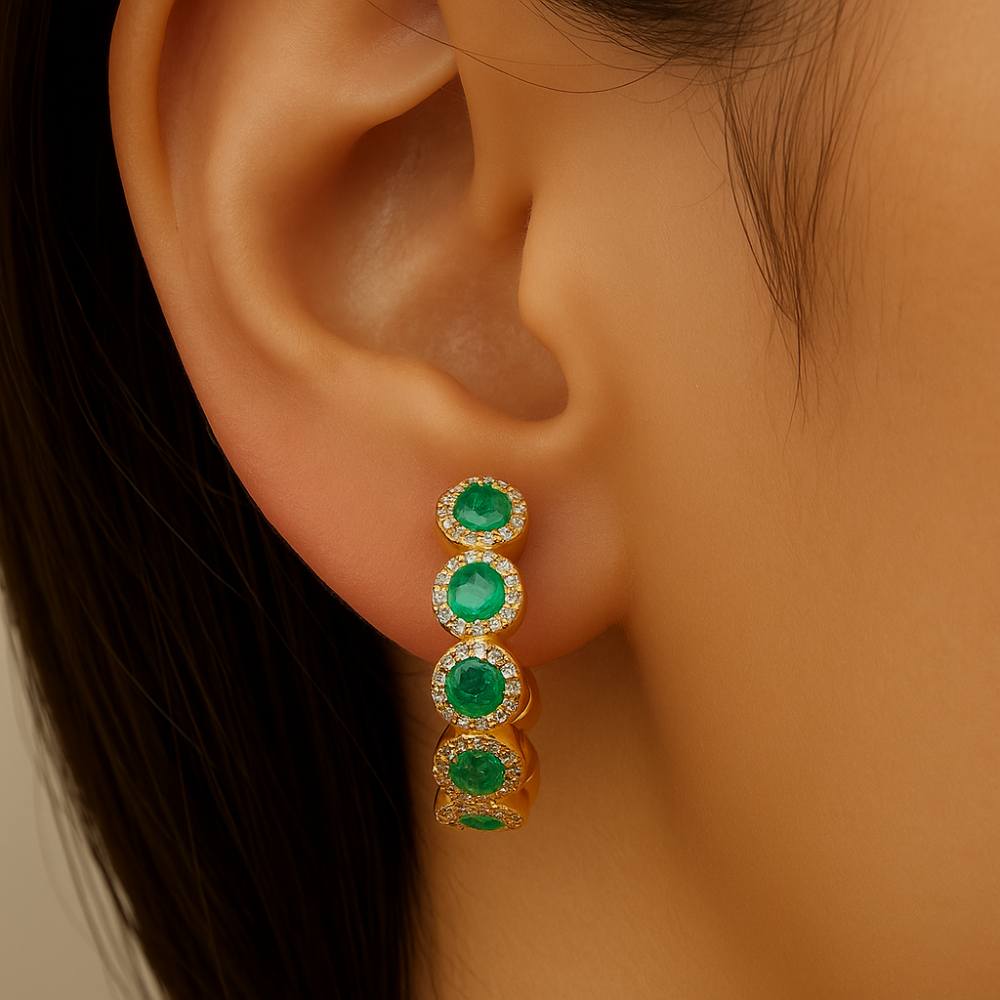 .96ct G SI 14K Yellow Gold Diamond & Emerald Gemstone Hoop Earrings