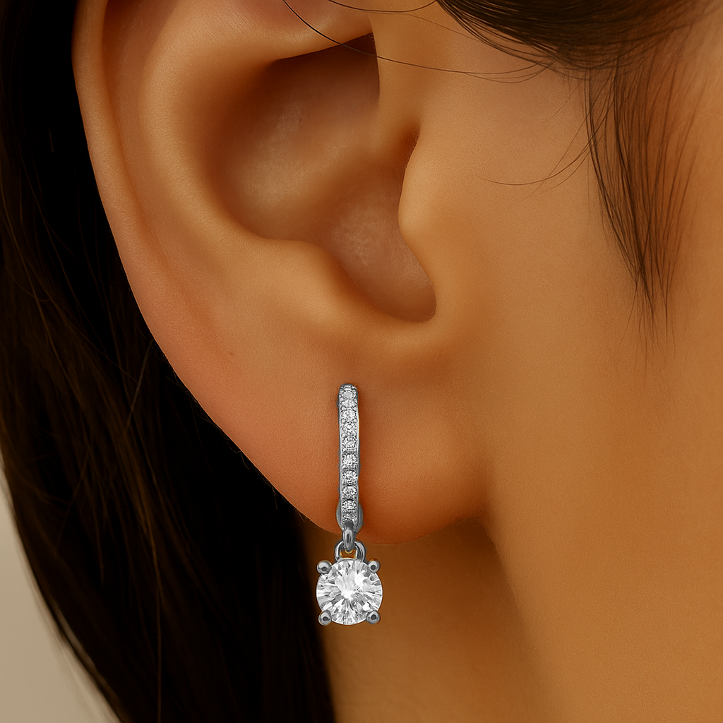 <span style="color:purple">SPECIAL!</span> .69ct G SI 14K White Gold Diamond Hoop Huggie Dangle Earrings