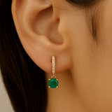 .87ct G SI 14K Yellow Gold Diamond & Emerald Gemstone Hoop Huggie Dangle Earrings