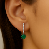 .93ct G SI 14K White Gold Diamond & Emerald Gemstone Hoop Huggie Dangle Earrings