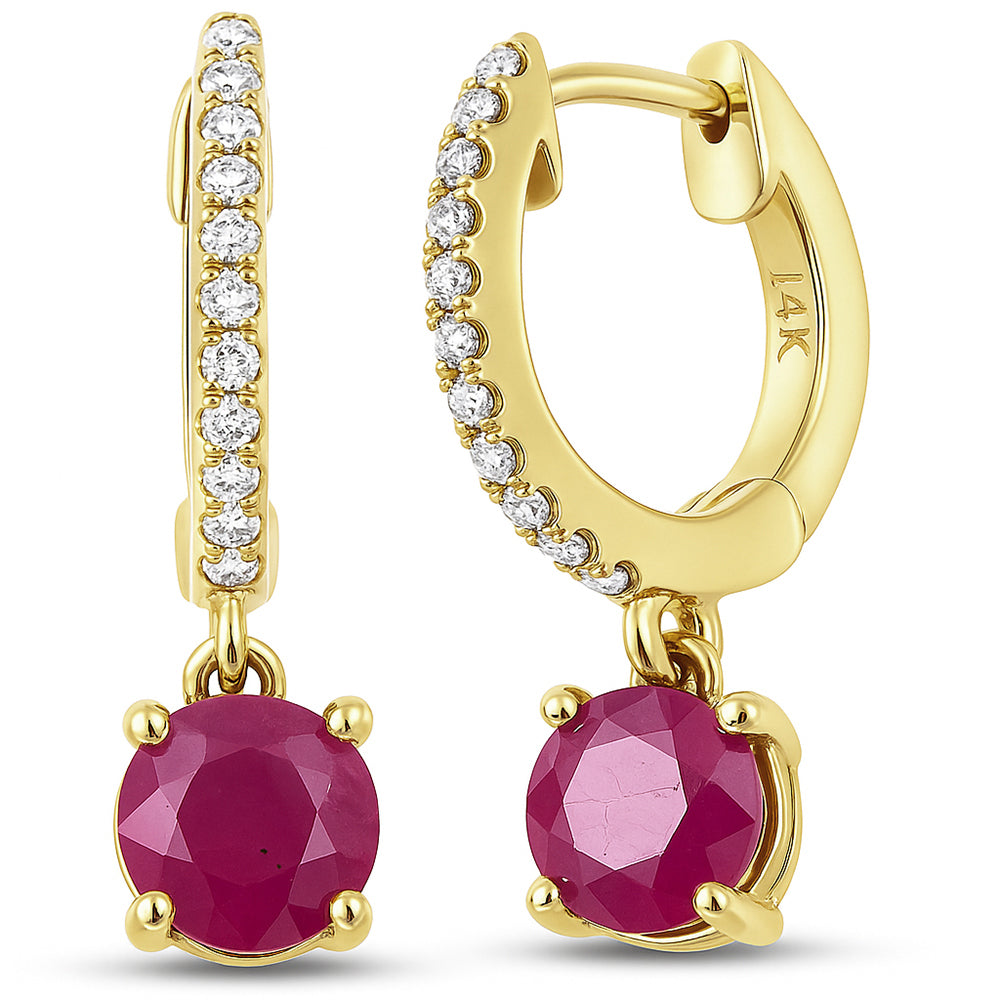 1.53ct G SI 14K Yellow Gold Diamond & Ruby Gemstone Hoop Huggie Dangle Earrings