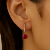 1.35ct G SI 14K Rose Gold Diamond & Ruby Gemstone Hoop Huggie Dangle Earrings