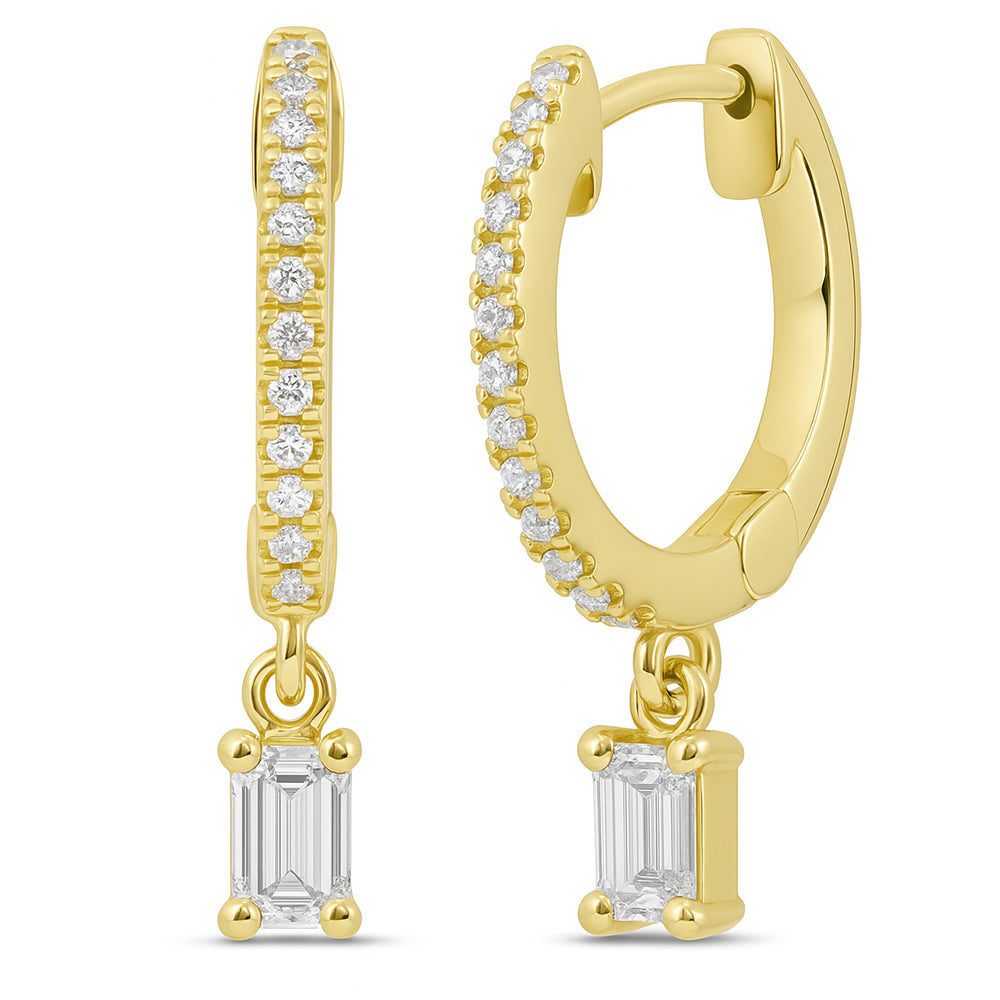 .34ct G SI 14K Yellow Gold Emerald Cut Diamond Hoop Huggie Dangle Earrings