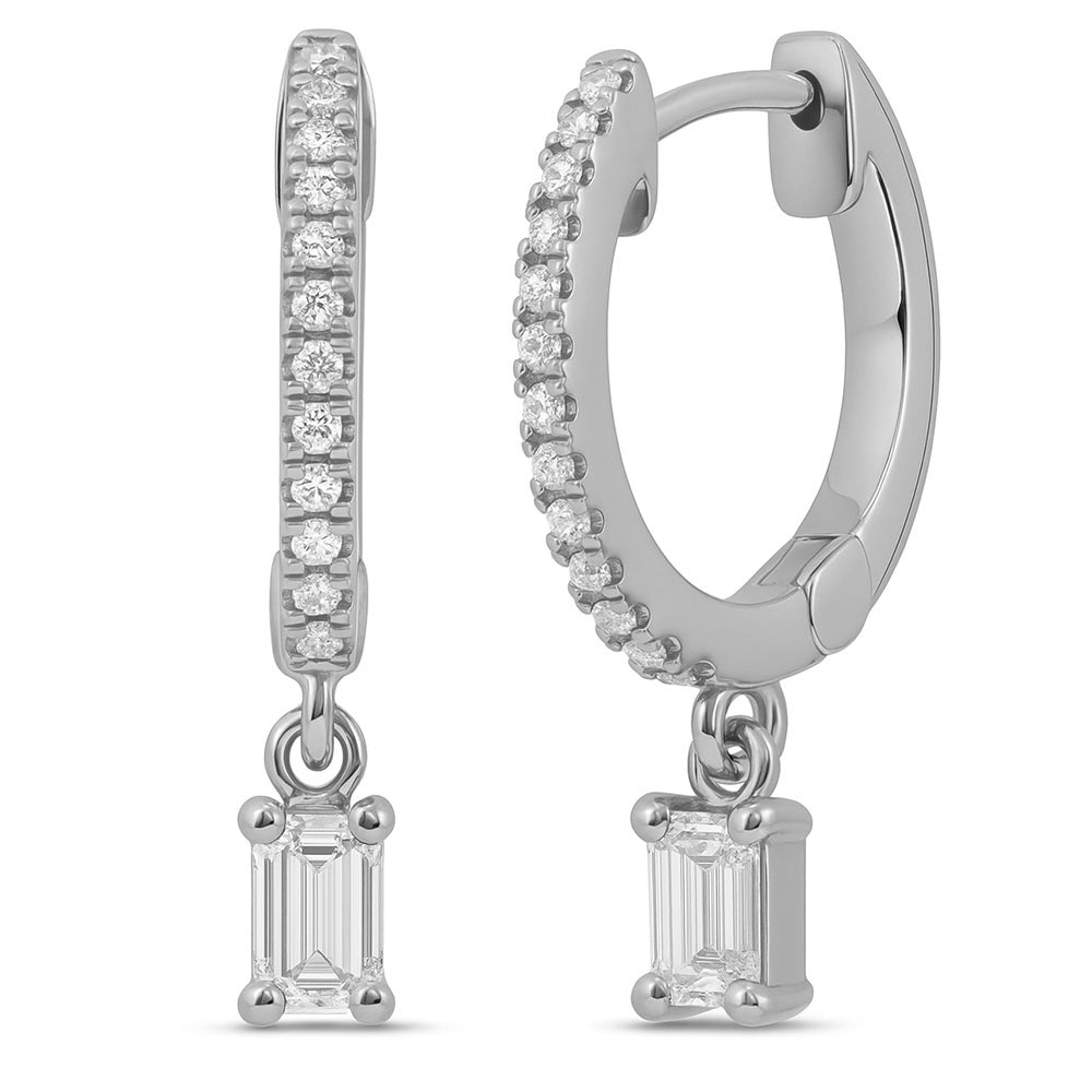 .31ct G SI 14K White Gold Emerald Cut Diamond Hoop Huggie Dangle Earrings