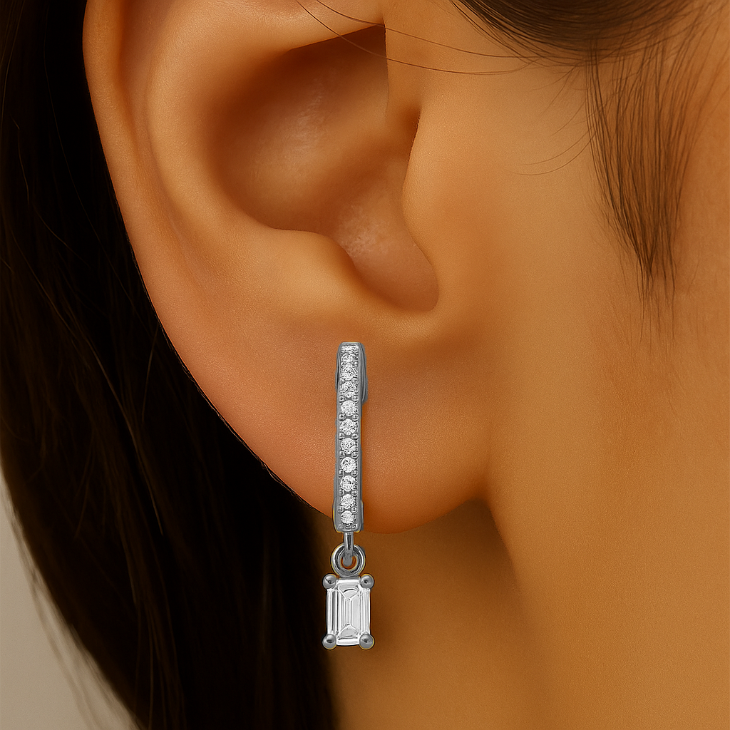 .31ct G SI 14K White Gold Emerald Cut Diamond Hoop Huggie Dangle Earrings