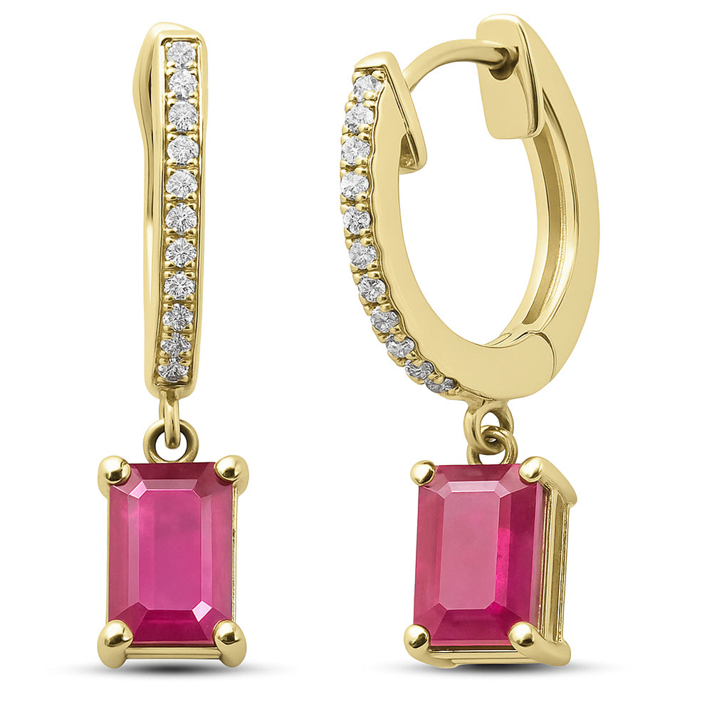1.28ct G SI 14K Yellow Gold Diamond & Ruby Gemstone Hoop Huggie Dangle Earrings