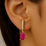 1.28ct G SI 14K Yellow Gold Diamond & Ruby Gemstone Hoop Huggie Dangle Earrings