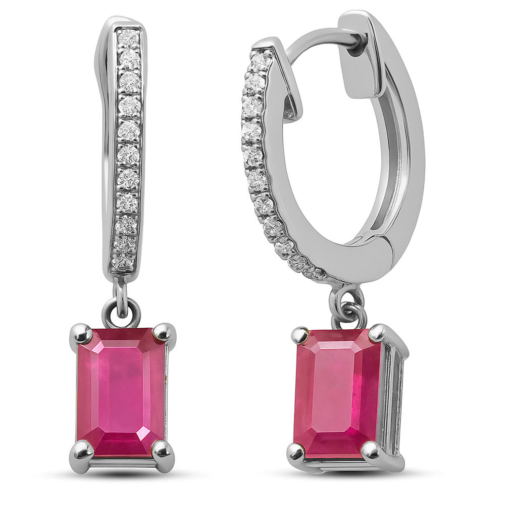 1.54ct G SI 14K White Gold Diamond & Ruby Gemstone Hoop Huggie Dangle Earrings