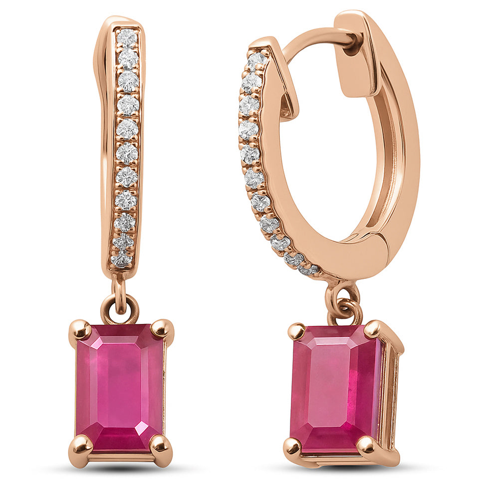 .92ct G SI 14K Rose Gold Diamond & Ruby Gemstone Hoop Huggie Dangle Earrings