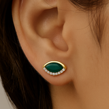 .87ct G SI 14K Yellow Gold Diamond & Emerald Gemstone Evil Eye Earrings